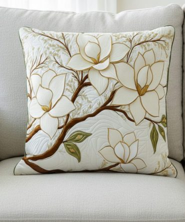 Magnolia Blossom Quilted Pillow Cover — Elegant Floral Throw Pillowcase, Soft Quilted Accent To Brighten Living Room, Bedroom & Porch