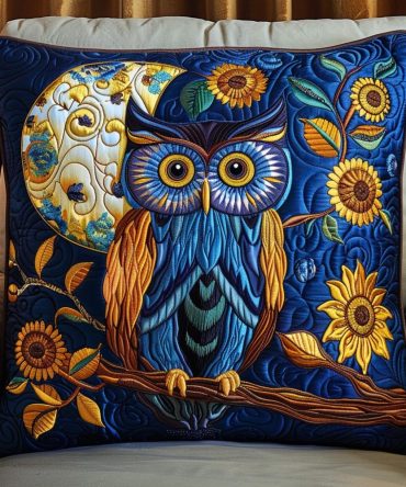 Majestic Blue Owl Quilted Pillowcase — Luxe Blue Quilted Throw Pillow Cover With Regal Owl Design For Sophisticated Living Rooms