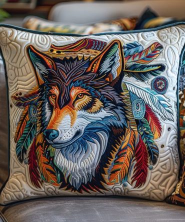 Majestic Feathered Wolf Quilted Pillow Cover — Boho Tribal Wolf Throw Pillowcase, Detailed Quilted Art Accent For Rustic & Modern Interiors
