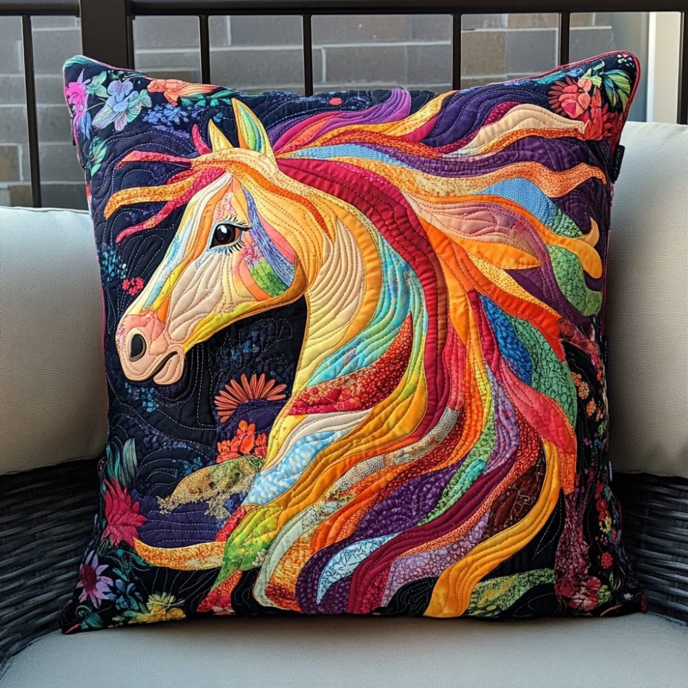 Colorful Majestic Horse Quilted Pillowcase - Premium Decorative Pillow Cover With Bold Multicolor Equestrian Art, Machine-Washable