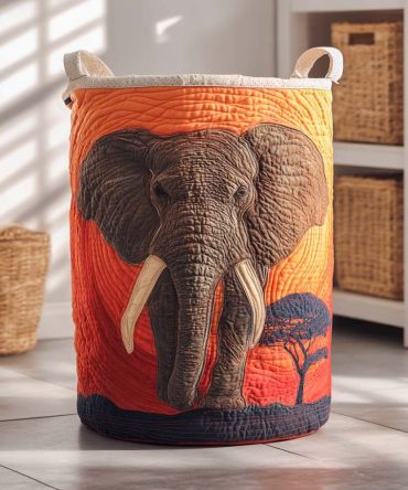 Regal Elephant Quilted Laundry Hamper — Elegant Animal Print Fabric Storage Basket For Nursery, Kids Room & Home Organization