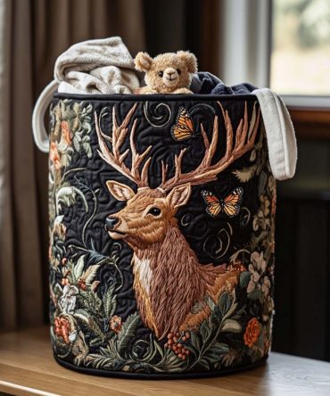 Majestic Elk Stroll Quilted Laundry Basket - Rustic Foldable Fabric Hamper For Cabin, Lodge & Everyday Home Storage