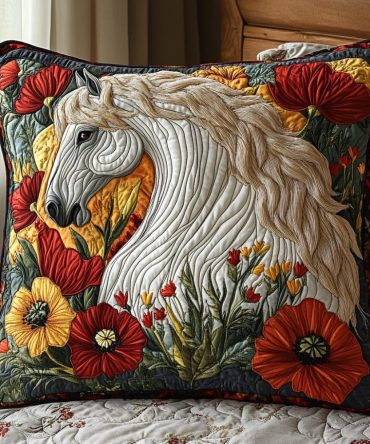 Majestic Horse Quilted Pillow Cover — Elegant Equestrian Decorative Pillowcase, Stitched Horse Artwork For Rustic & Modern Homes