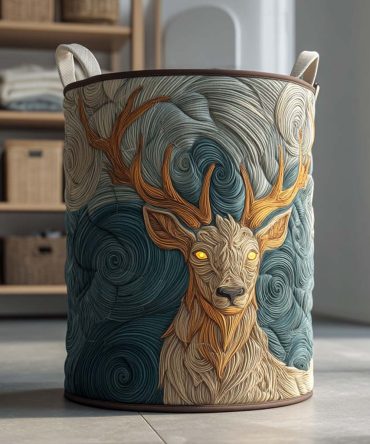 Mountain Stag Quilted Laundry Hamper — Rustic Large Fabric Laundry Basket With Handles, Collapsible Organizer For Home