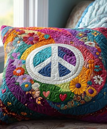 Retro Peace Sign Quilted Pillow Cover — Make Love Not War Boho Throw Pillowcase For Hippie Chic Home & Dorm Rooms