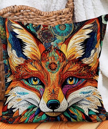 Mandala Fox Quilted Pillow Cover - Bohemian Fox Mandala Decorative Throw Pillowcase, Vibrant Colors, Artistic Home Accent