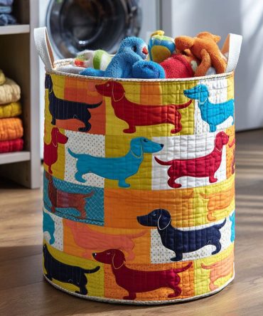 Large Quilted Laundry Hamper - March Of The Dachshunds Fabric Storage Basket With Handles, Foldable & Durable Home Laundry Organizer