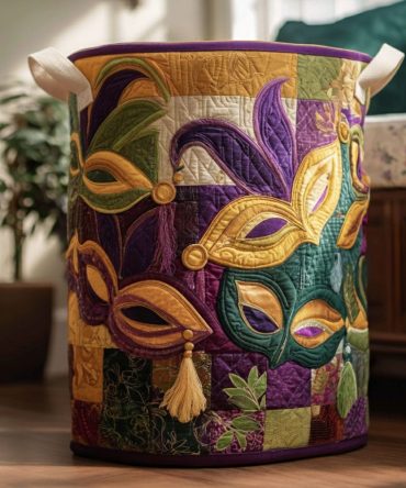 Mardi Enchantment Quilted Laundry Hamper — Elegant Fabric Laundry Basket With Reinforced Handles, Foldable & Easy-Care Machine Washable Cover
