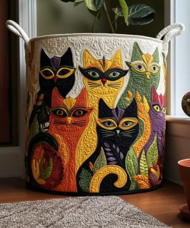 Mardi Whiskers Quilted Fabric Laundry Hamper — Vibrant Mardi Gras Cat Washable Clothes Basket With Handles, Foldable Party-Themed Organizer