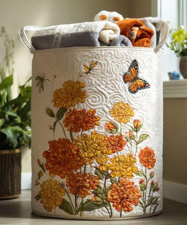 Marigold Spirit Quilted Laundry Hamper - Collapsible Floral Storage Basket For Clothes, Linens & Multi-Room Use