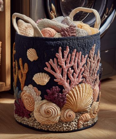 Marine Coral Quilted Hamper: Coastal-Inspired Collapsible Laundry Basket For Beachy Bedroom, Bath & Dorm Rooms