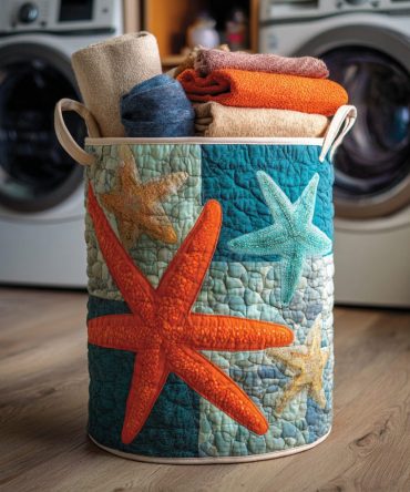 Marine Starburst Quilted Fabric Hamper — Sea-Inspired Foldable Laundry Organizer With Reinforced Handles For Stylish Storage