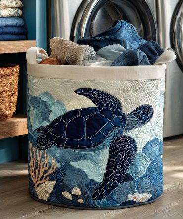Marine Turtle Quilt Quilted Laundry Hamper – Ocean-Inspired Foldable Fabric Basket With Reinforced Handles, Durable Washable Laundry Organizer