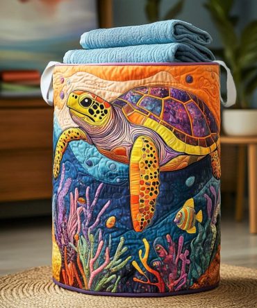 Marine Turtle Quilted Collapsible Laundry Hamper - Coastal Sea Turtle Print Washable Storage Basket For Bathroom, Beach House & Nursery