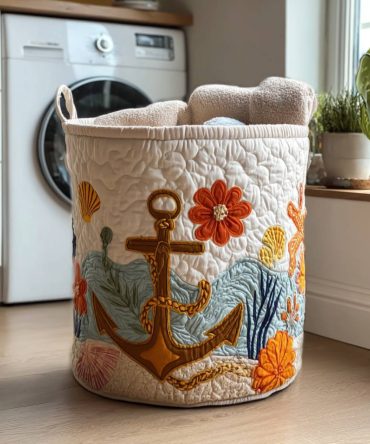 Mariner Mood Quilted Fabric Hamper - Nautical Collapsible Laundry Basket For Bathroom, Dorm & Coastal Décor