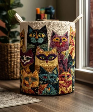 Masquerade Cats Quilted Fabric Laundry Hamper — Stylish Cat Masquerade Washable Clothes Basket With Handles, Foldable Bedroom & Closet Organizer