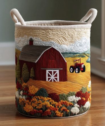 Rustic Meadow Barn Quilted Laundry Hamper — Large Farmhouse Laundry Basket, Collapsible Quilted Organizer With Handles For Home & Nursery