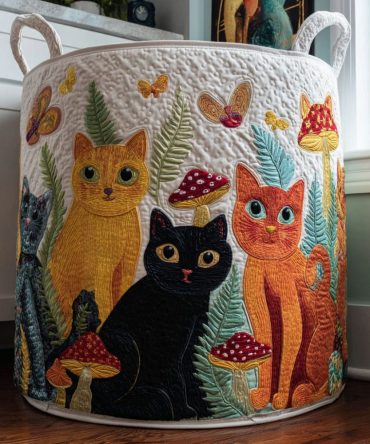 Meadow Cat Retreat Quilted Hamper — Scenic Cat & Meadow Print Foldable Laundry Basket With Durable Handles For Stylish Storage