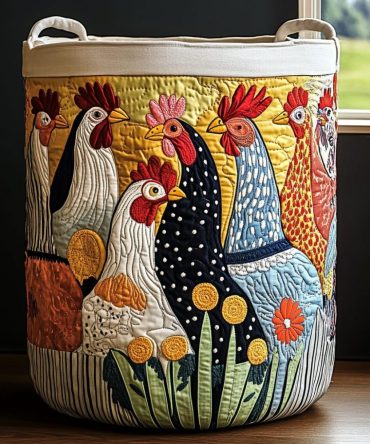 Meadow Chicken Quilted Laundry Hamper — Farmhouse Chicken Print Fabric Laundry Basket For Country Kitchens, Bedrooms & Rustic Storage