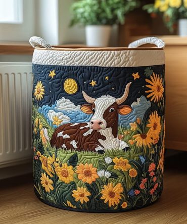 Meadow Cow Quilted Laundry Hamper - Charming Farm Animal Foldable Fabric Basket With Handles For Kids' Rooms & Country Homes