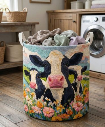 Meadow Cow Trio Quilted Laundry Hamper — Charming Cow Trio Print Quilted Fabric Bin With Collapsible Body & Comfortable Carry Handles