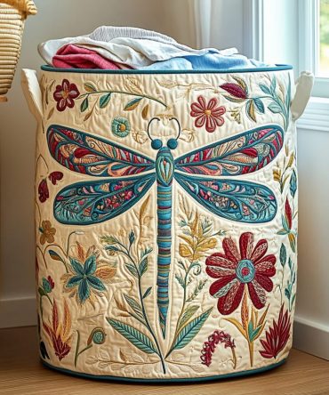 Meadow Dragonfly Quilted Fabric Laundry Hamper — Foldable Durable Laundry Basket With Handles For Bedroom & Nursery