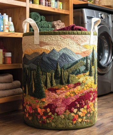Meadow Escape Quilted Storage Hamper — Pastel Meadow Design Laundry Basket With Handles, Foldable And Decorative For Home Organization