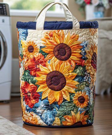 Meadow Gold Quilted Laundry Hamper — Rustic Floral Quilted Fabric Storage Bin With Foldable Frame & Easy-Carry Handles For Charming Organization