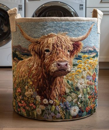 Meadow Highland Cow Quilted Laundry Hamper — Rustic Foldable Fabric Basket With Sturdy Handles, Soft Quilted Exterior & Easy-Care Liner