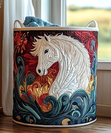 Meadow Horse Quilted Laundry Hamper — Pastoral Horse Print Fabric Basket With Strong Handles, Collapsible Stable-Style Laundry Storage For Equestrian Fans