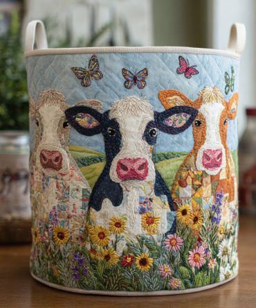 Meadow Moo Quilted Laundry Hamper — Whimsical Farmhouse Fabric Storage Basket, Collapsible Organizer With Handles