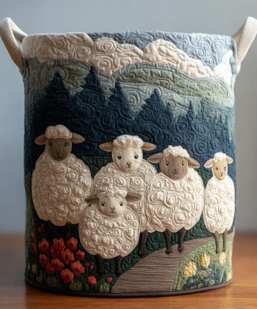 Meadow Sheep Quilted Laundry Hamper — Pastel Collapsible Fabric Basket For Nursery & Kids Storage, Cute Room Organizer