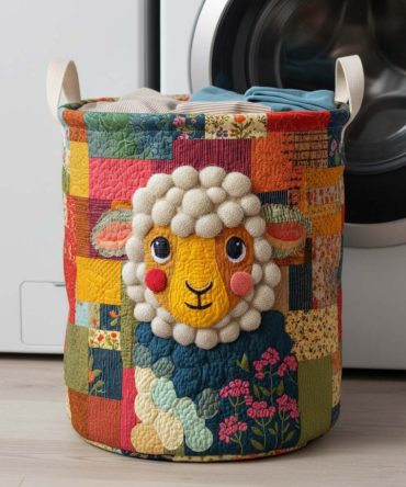 Meadow Sheep Quilted Laundry Hamper — Foldable Cotton Storage Bin With Handles, Decorative Nursery & Bedroom Laundry Solution