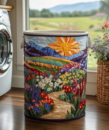 Meadow Song Quilted Laundry Hamper — Delicate Floral Foldable Basket, Collapsible Storage For Clothing, Toys & Linens