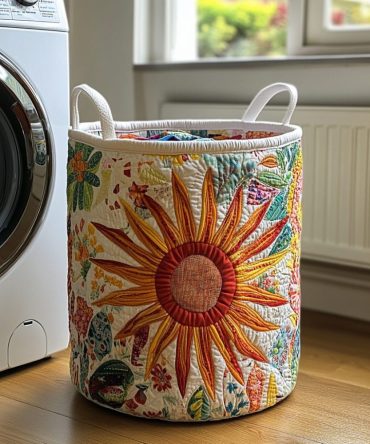 Meadow Sunburst Quilted Laundry Basket — Sunny Floral Foldable Hamper, Collapsible Storage Basket For Clothing & Nursery
