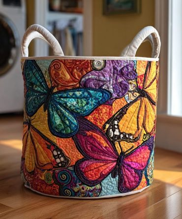 Meadow Wing Quilted Laundry Hamper - Meadow Floral Wings Motif, Large Foldable Quilted Storage Basket, Cotton-Linen Fabric, Home Organizer