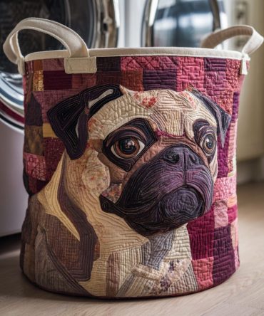 Melancholy Pug Quilted Laundry Hamper — Cute Pug Print Foldable Fabric Basket With Handles, Soft Quilted Design & Washable
