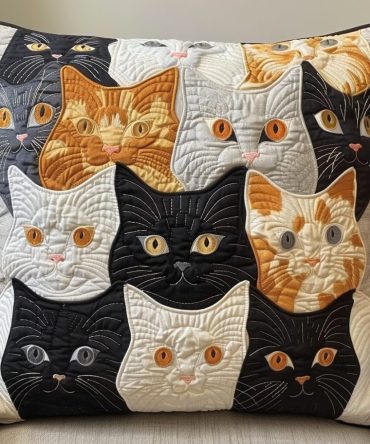 Meow Magic Cat Cluster Quilted Pillowcover - Playful Cat Cluster Design, Soft Quilting & Durable Fabric For Stylish Pet-Friendly Spaces