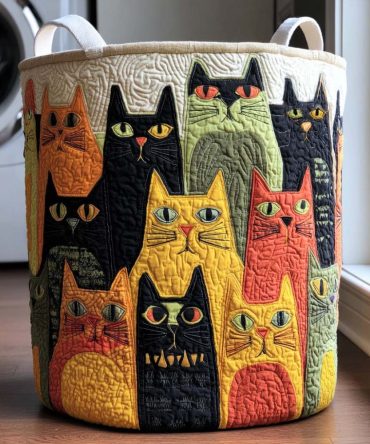 Meow Crew Quilted Laundry Hamper — Playful Cat-Themed Collapsible Basket With Sturdy Handles For Home & Kids' Rooms