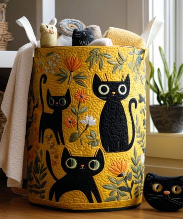Meow Mingle Cat Quilted Laundry Hamper - Cute Cat Print Fabric Laundry Basket With Handles, Foldable Pet-Lover Organizer For Home & Nursery