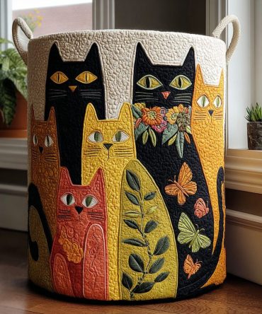 Meow Mosaic Quilted Storage Hamper - Artistic Cat Pattern Laundry Basket, Padded Organizer For Modern & Eclectic Rooms