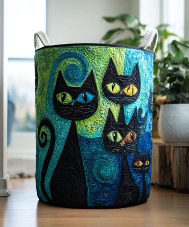 Meowgical Moments Quilted Laundry Hamper — Cute Cat-Themed Decorative Fabric Basket, Large Collapsible Organizer With Handles, Easy-Care