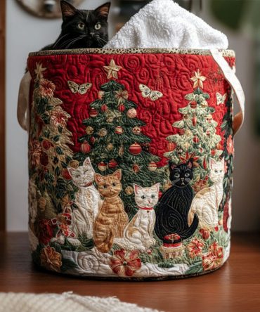 Meowy Merry Quilted Laundry Hamper – Cute Christmas Cat Print Fabric Basket With Handles, Collapsible & Gift-Ready