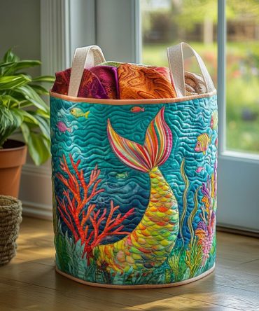 Mermaid Glow Quilted Laundry Hamper - Ocean-Inspired Decorative Fabric Basket With Handles , Stylish, Spacious & Easy-Clean Liner