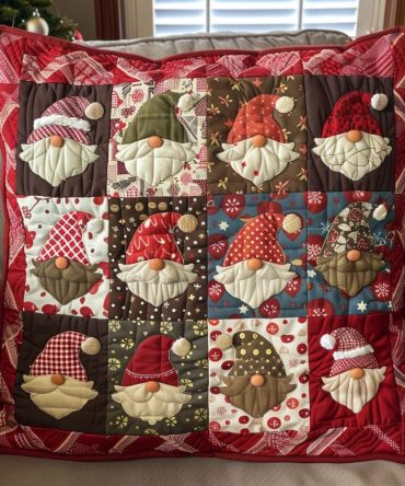 Merry Gnomes Quilted Decorative Pillow Cover — 18X18In Whimsical Christmas Throw Pillowcase, Cozy Quilted Cotton Blend, Reversible, Gift-Ready