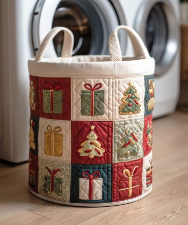 Merry Cabin Lane Quilted Holiday Laundry Hamper — Festive Cabin Print Foldable Fabric Basket For Seasonal Storage & Gifts