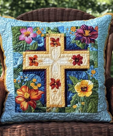 Merry Cross Quilted Pillow Cover - Festive Cross Design Decorative Throw Pillow Sham, Holiday Faith Accent For Home, Soft Cotton