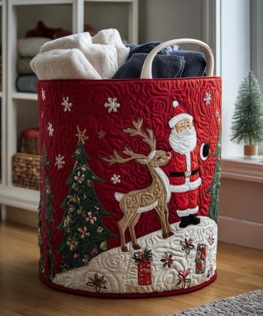 Merry Crown Quilted Holiday Hamper — Festive Quilted Fabric Laundry Basket With Handles, Collapsible Christmas Storage & Gift Organizer