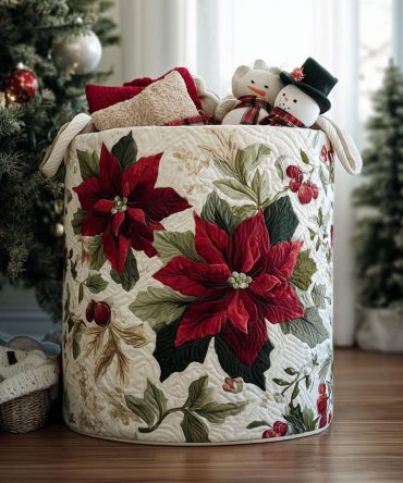 Merry Glow Lane Quilted Laundry Hamper - Festive Foldaway Basket With Padded Quilting, Sturdy Handles & Stylish Storage For Holiday Home Decor