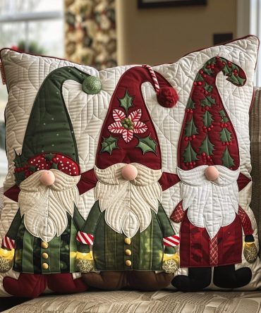 Merry Gnome-Mas Quilted Cushion Cover — Whimsical Christmas Gnome Throw Pillow With Cozy Quilting For Living Room & Holiday Photo-Ready Decor